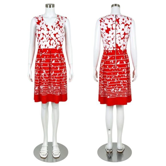 Studio One Red-Orange White Floral A-Line V-Neck Travel Dress 60s 70s Mod Sz 4 - Picture 4 of 14